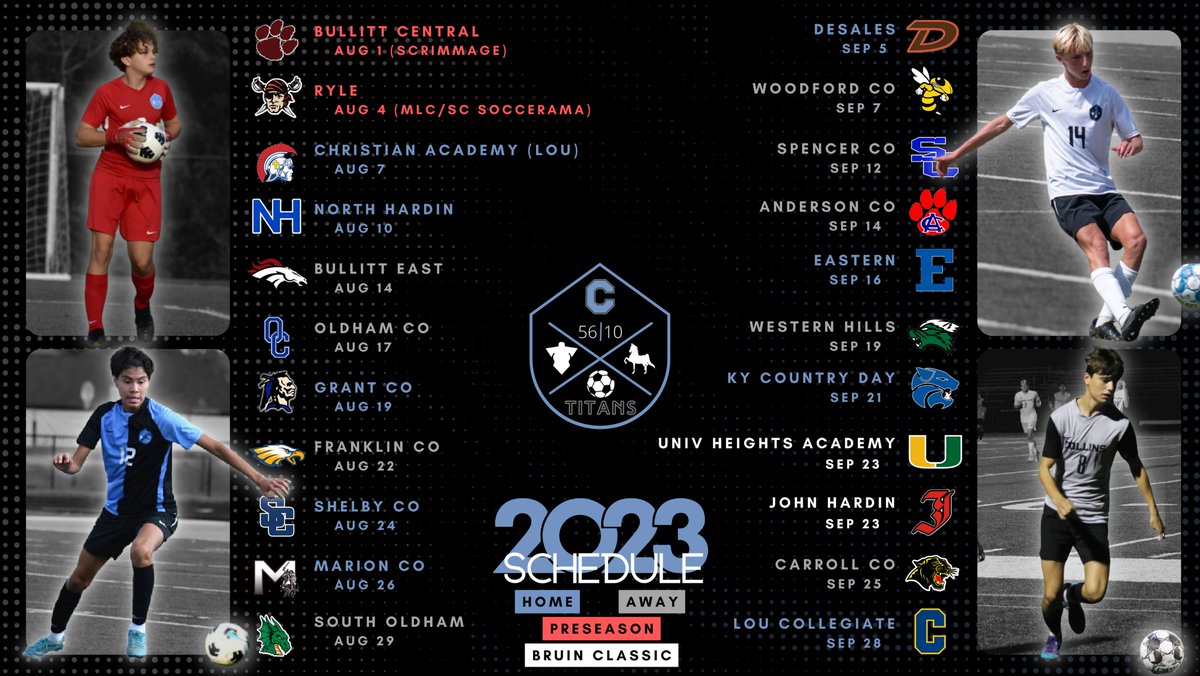 MLCHSBoysSoccer's tweet photo. 2023 Martha Layne Collins Titans Varsity Soccer Schedule! #LetsGoTitans https://t.co/K4qVajV1ng