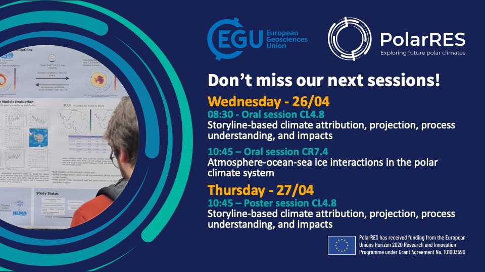 ❗️Check out our sessions at #EGU23 👀 where we will discuss:
1- #Atmosphere-#ocean-#sea #ice ❄️ interactions in the #polar #climatesystem 🌊 
and 
2- Storyline-based #climate attribution, #projection, process understanding, and #impacts 🔎
#H2020 #PolarScience #sciencetwitter