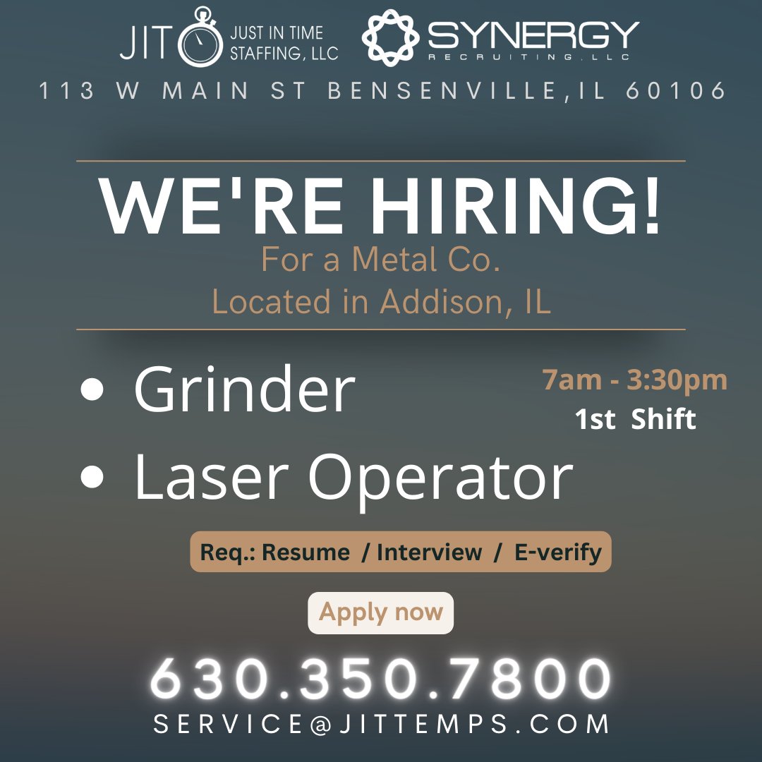 SynergyRecruite's tweet image. URGENTLY HIRING!
&quot; Grinder &amp;amp; Laser Operator&quot; for a metal company located in Addison, IL 
7am - 3:30pm (overtime available)

Req.: Resume / Interview / E-verify

#addision   #hiring   #jobs   #grinder   #laseroperator  #westaffbetter   #jitsynergy