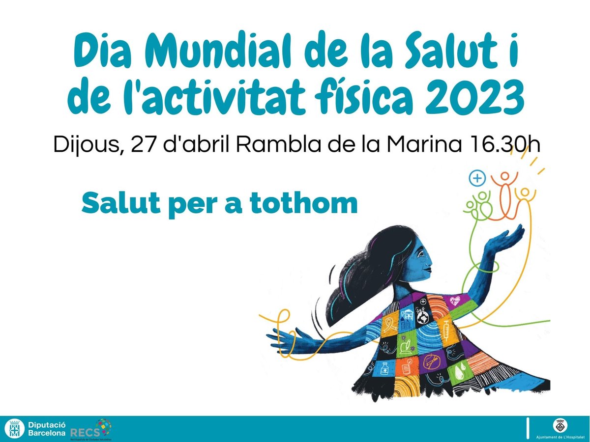 LHSalut's tweet photo. 💚 Dia Mundial de la Salut
🗓 Dijous 27 d'abril, de 16.30h a 19.30h
📍Rbla Marina, davant de Ca n'Arús.
➡️Us hi esperem amb activitats per totes les edats! Tallers, inflables, taixi, capoeira, concerts i carpes informatives.
@LHAjuntament
#LHSalut #LHCiència #Salutperatothom https://t.co/XsrQrScFCR