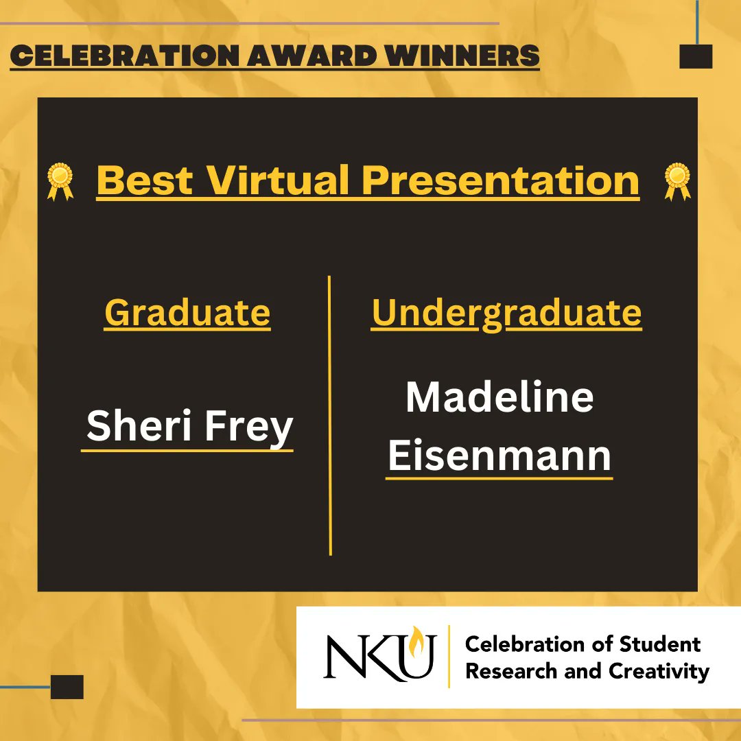 Congratulations to our #Celebration Award winners! 🎉 

Best Virtual Presentation:

Graduate: Sheri Frey

Undergraduate: Madeline Eisenmann