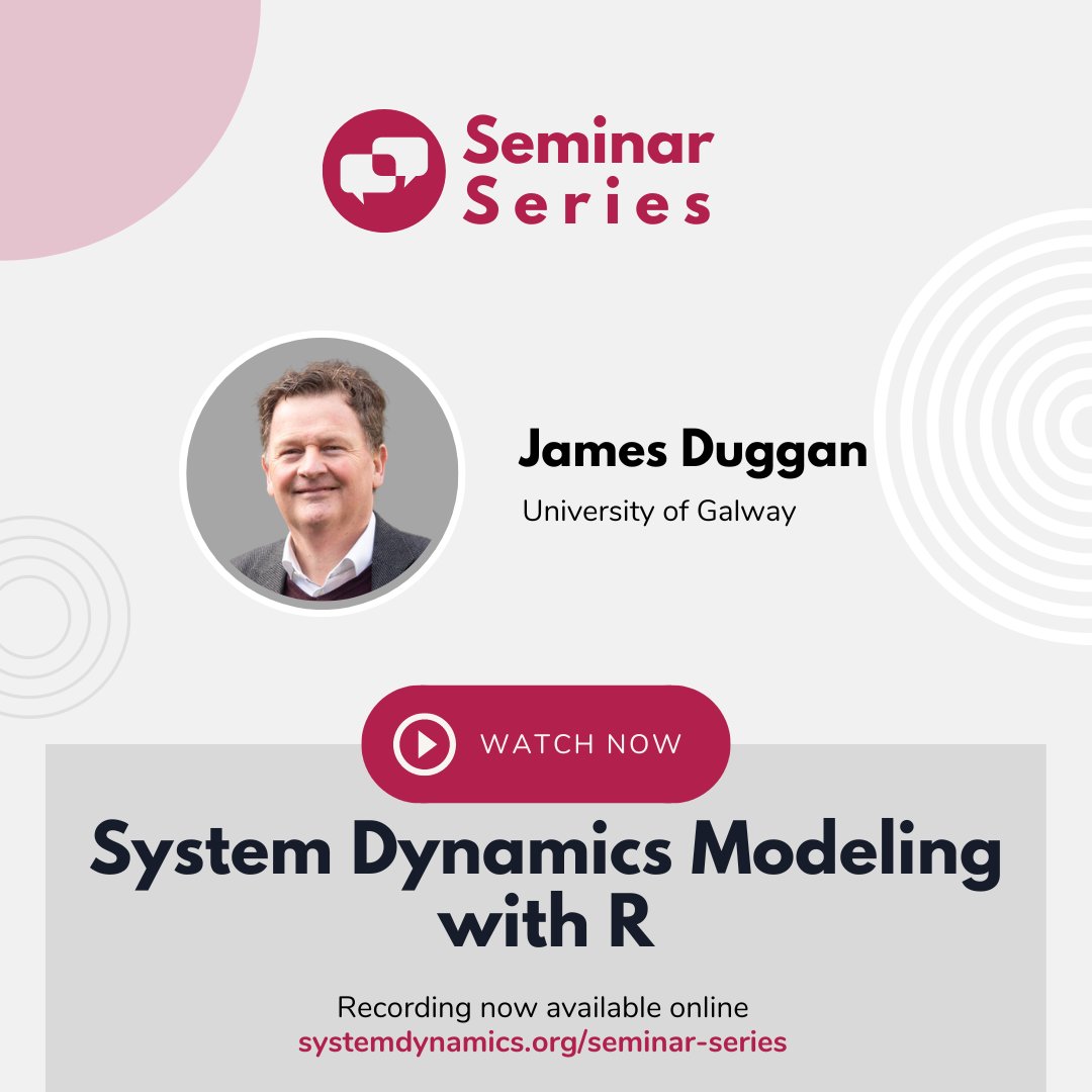 systemdynamics_'s tweet photo. ICYMI βΆοΈ The recording of our recent webinar, #SystemDynamics Modeling with R with James Duggan of the University of Galway, is now available on our website!
π₯ Access recording and resources: https://t.co/spvYEvve8b
#SeminarSeries #systemsleadership #joinSDS
@_jimduggan https://t.co/khMHhgISAq