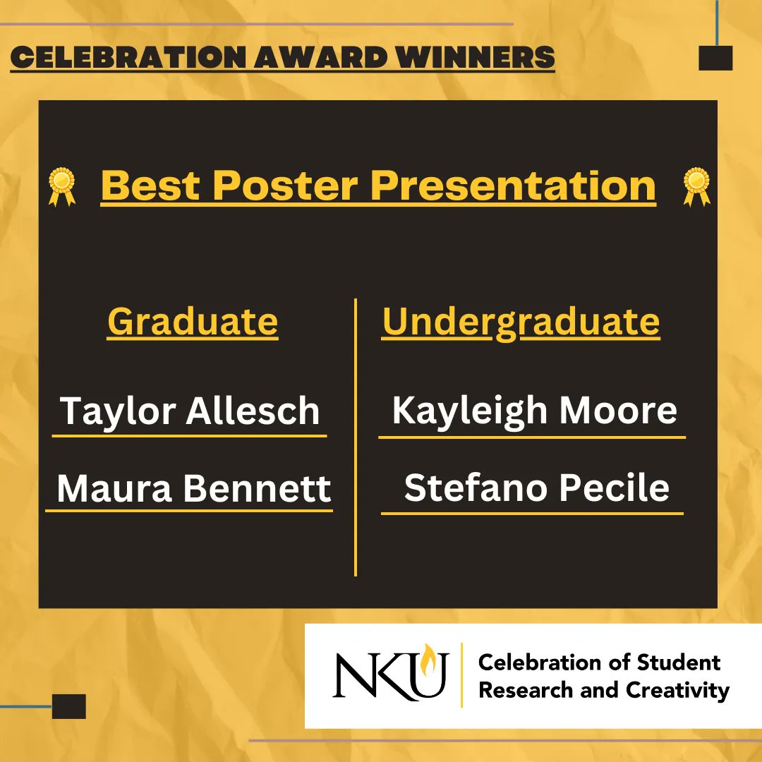 Congratulations to our #Celebration Award winners! 🎉 

Best Poster Presentation:

Graduate:
Taylor Allesch &amp; Maura Bennett

Undergraduate:
Kayleigh Moore &amp; Stefano Pecile