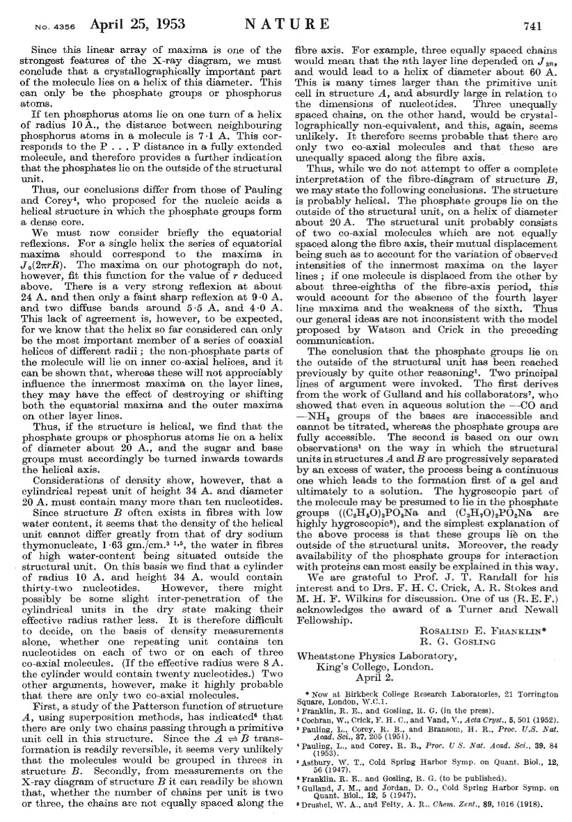 70 years ago, 3 papers appeared in @Nature under the title ‘Molecular structure of nucleic acids’. In an article in Nature today (link at end) @nccomfort and I shed new light on ‘what Watson and Crick really took from Rosalind Franklin’. This thread summarises our findings. 1/23