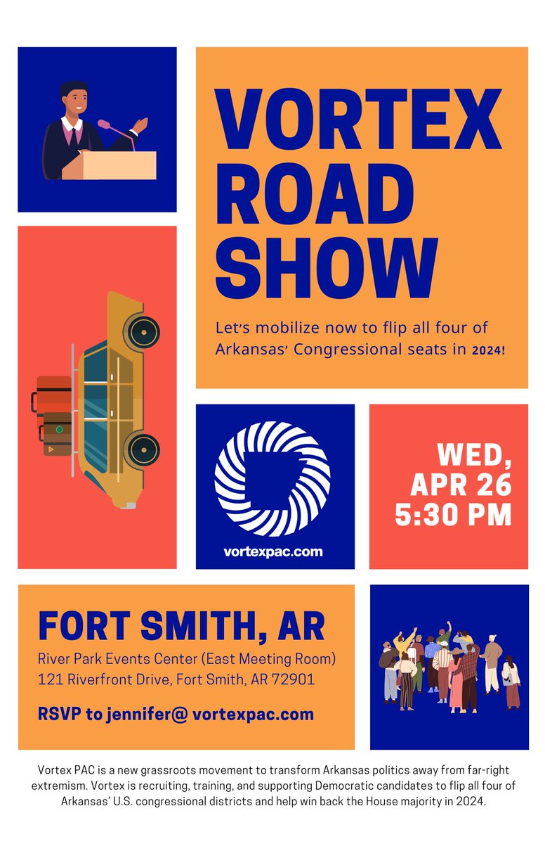 VortexArkansas's tweet photo. Join us for the #VortexRoadShow in Fort Smith! Hear from @jonesforAR and special guests and speakers about our statewide organizing strategy.
RSVP now for the event on Wed, April 26 at 5:30pm: https://t.co/k2AeYCZ9Re https://t.co/n7SCDkGXJd