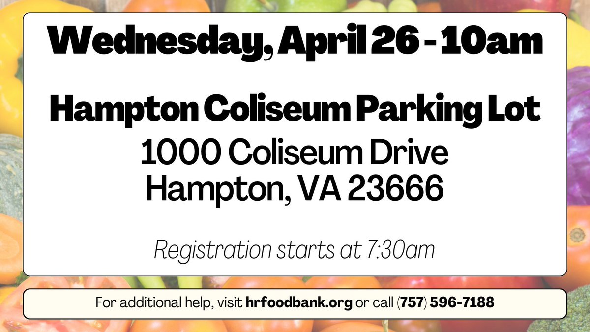 hrfoodbank's tweet photo. If you or someone you know needs food assistance, please direct them to our mobile food distribution Wednesday at 10 am at the Hampton Coliseum Parking Lot. Registration begins at 7:30 am, and the distribution will continue while supplies last. #FoodPantry #NeedHelpGetHelp https://t.co/mx6NP6s4Ox