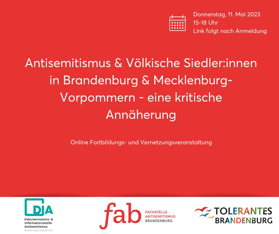 Die Fachstelle Antisemitismus Brandenburg der @KIgA_eV  und @antisemitism_MV laden zu einer gemeinsamen Online-Veranstaltung mit der #Rechtsextremismus-Expertin #AndreaRöpke zum Thema #VölkischeSiedler:innen und die Rolle des #Antisemitismus ein.
