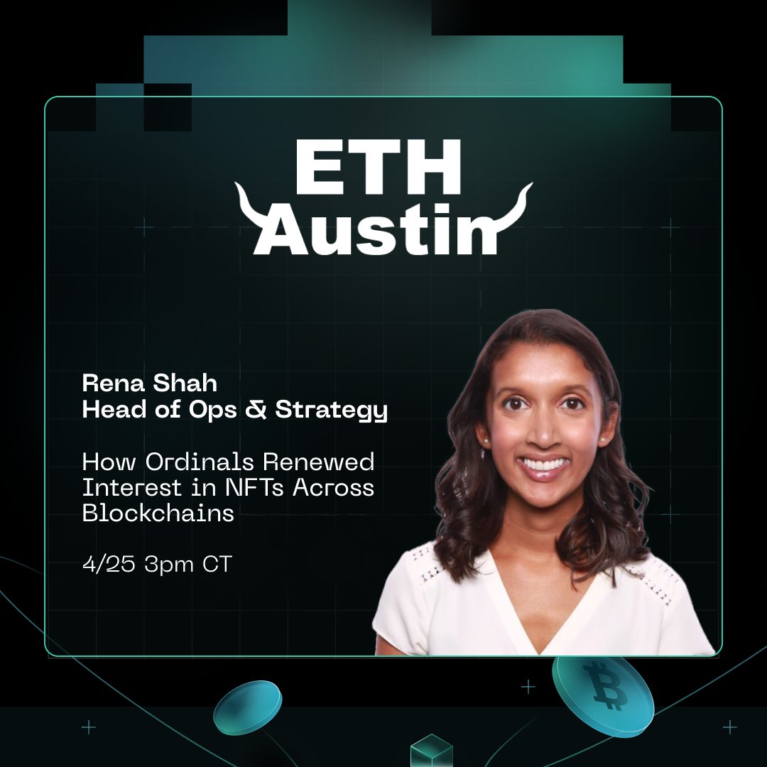trustmachinesco's tweet photo. GM #ETHAustin 🫡

We’re excited to talk to you about Ordinals today ✌️

@RenaPShah will be on stage at 3pm talking about this new generation of NFT culture.

Details 👉 https://t.co/88gqI9bzWQ https://t.co/WPMeKfCOuJ