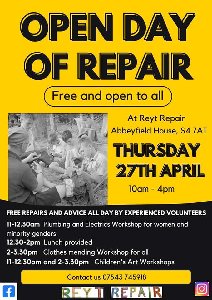 Join us on Thursday for a community repair open day! Bring your household items for repair, or come and join a workshop.

📍Abbeyfield House, S4 7AT 10am - 4pm

The event is free and open to all, with lunch and refreshments provided.