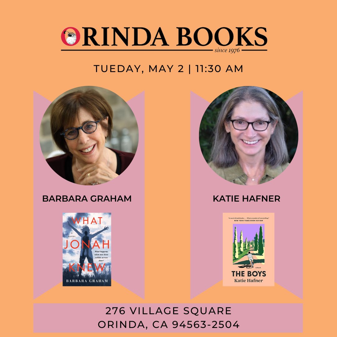 In one week I'll be discussing #whatjonahknew at <a href="/OrindaBooks/">Orinda Books</a> with <a href="/katiehafner/">Katie Hafner</a>, author of "The Boys." 

This event is free but you can register on Eventbrite: eventbrite.com/e/authors-barb…

Can't wait to see you there!
