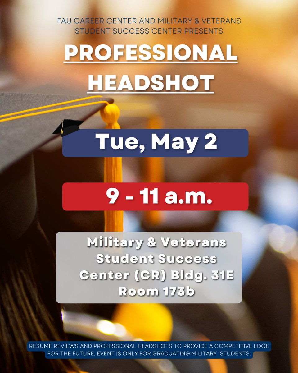 🔊 Attention graduating Military and Veteran Students - with commencement right around the corner, get ready for your next journey with a professional headshot 📸 and resume review provided by @faucareercenter.

ONLY for Spring 2023 graduating military &amp; veteran students.