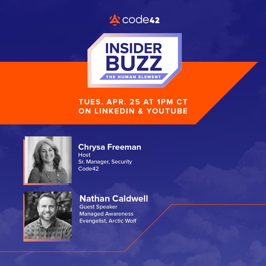 code42's tweet photo. 📆 Today's the day ~ Tune in on YouTube or LinkedIn at 1PM CT for the new episode of our #podcast, Insider Buzz: The Human Element. Host Chrysa Freeman will be joined by author, speaker, thought leader &amp; @AWNetworks Evangelist @caldwellned. See you there! https://t.co/nEzmOmfcVK https://t.co/IjR8o4KDgC