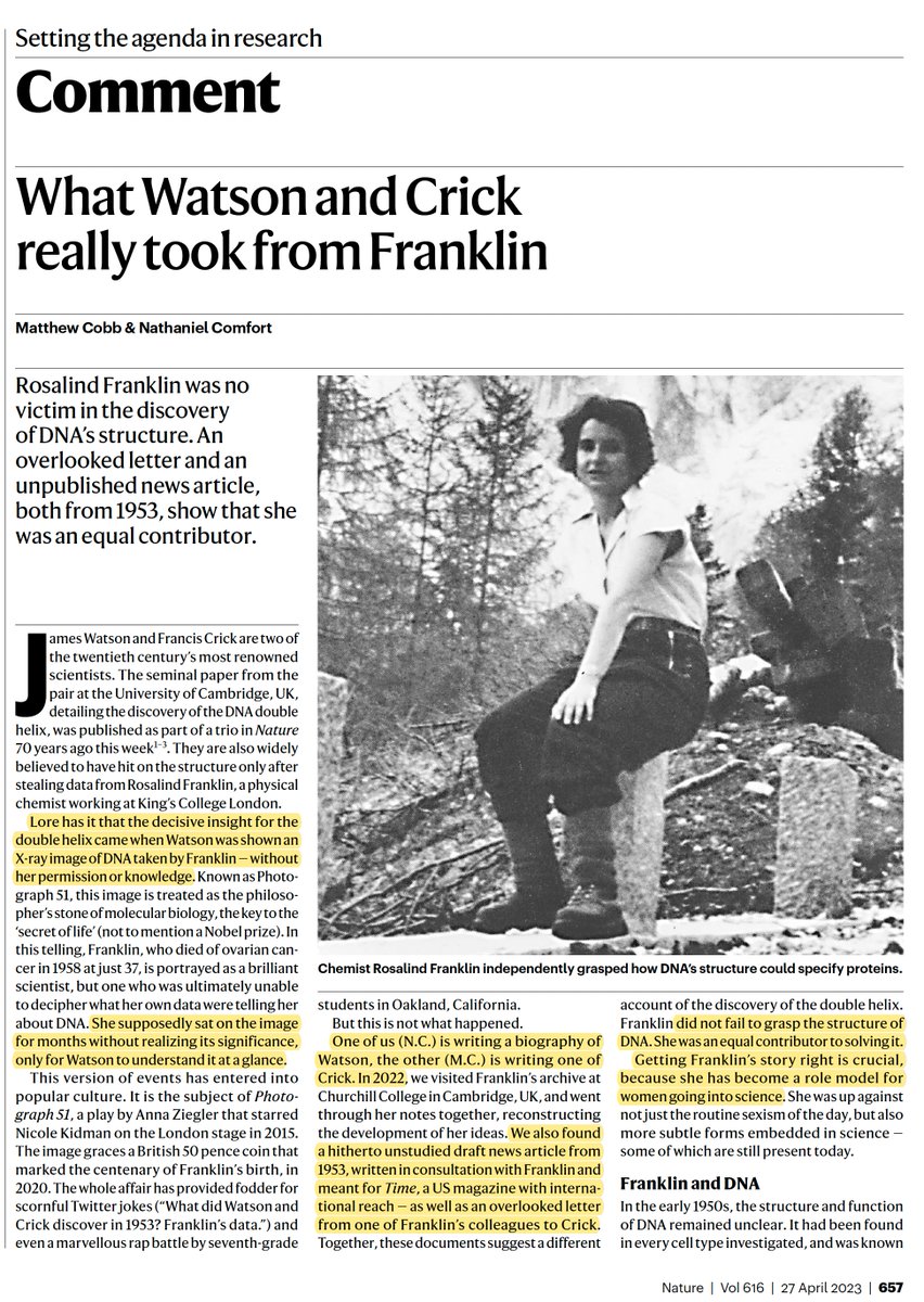 Just published @Nature New evidence from 70 years ago: Rosalind Franklin was a co-discoverer of DNA's double-helix structure by @matthewcobb @nccomfort nature.com/articles/d4158…