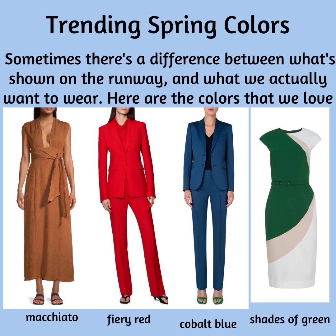 imagedsign's tweet photo. #StyletipTuesday Trending colors for Spring. Favorites are macchiato, a warm coffee brown, fiery red, cobalt blue-flattering to all, and shades of green, choose your favorite! #fashioncolors #womensfashion #colors2023 #fashiontrends #trends2023#imagedesign #imagedesignconsulting https://t.co/MdM3C3L9fs