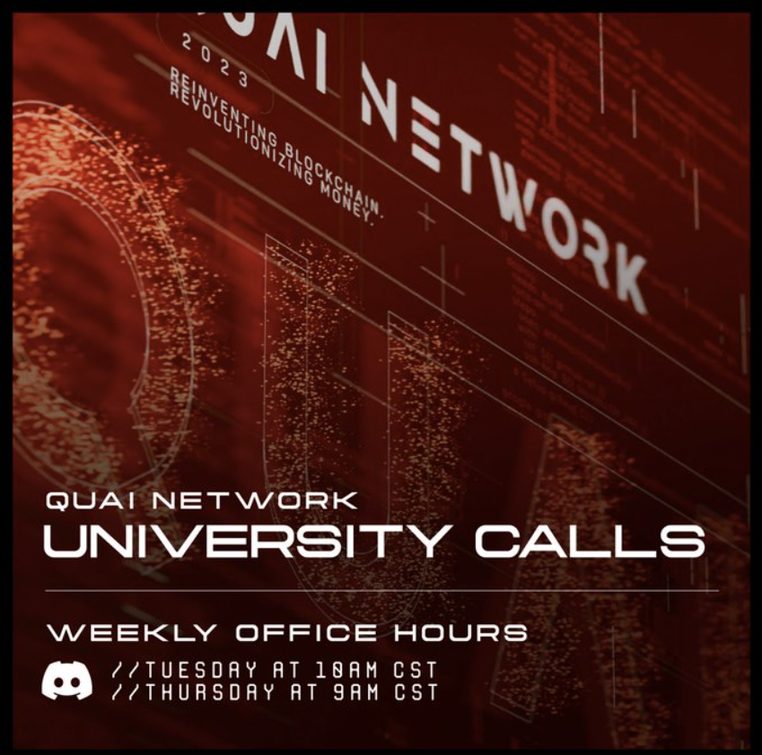 This week's University Call is one hour away! Jump in the Quai Discord at 11:00am CST to learn about the revolutionary technology powering <a href="/QuaiNetwork/">Quai Network ⚡️💵</a>
from Quai co-founder and core developer <a href="/mechanikalk/">Dr K - e/acc ⚡💵</a>.

🔗discord.com/events/8877832…