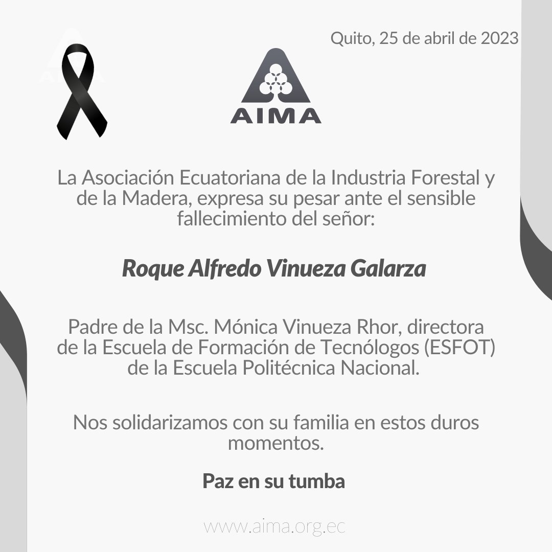 AIMAEcuador's tweet photo. Expresamos nuestras #condolencias a la MSc. Mónica Vinueza Rhor, directora de la #ESFOT. La acompañamos en su dolor frente esta irreparabale pérdida y enviamos nuestro apoyo a su familia.
🕊¡Que descanse en paz! https://t.co/s607DazERD