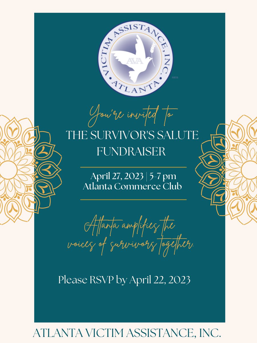 The Survivor's Salute Fundraiser | Thursday, April 27, 2023 | Atlanta Commerce Club 

The RSVP window is being extended but tickets are limited. Please use the link below to donate and/or purchase tickets.

givebutter.com/AbkyjD%C2%A0