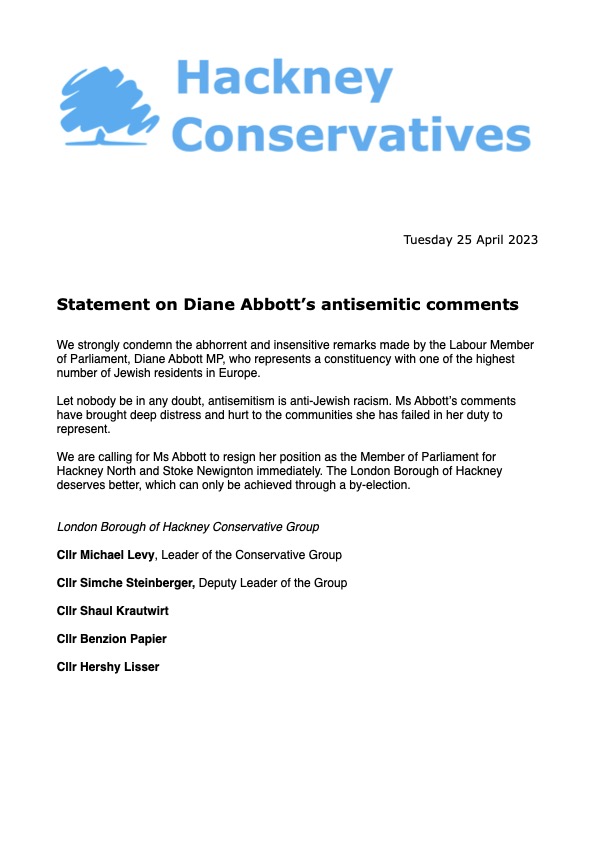 Hackney_Tories's tweet photo. Let nobody be in any doubt #antisemitism is anti-Jewish racism. 

Our statement full statement on Diane Abbott's antisemitic comments below.

https://t.co/szxbKj5k49 https://t.co/K79tz6DHRp