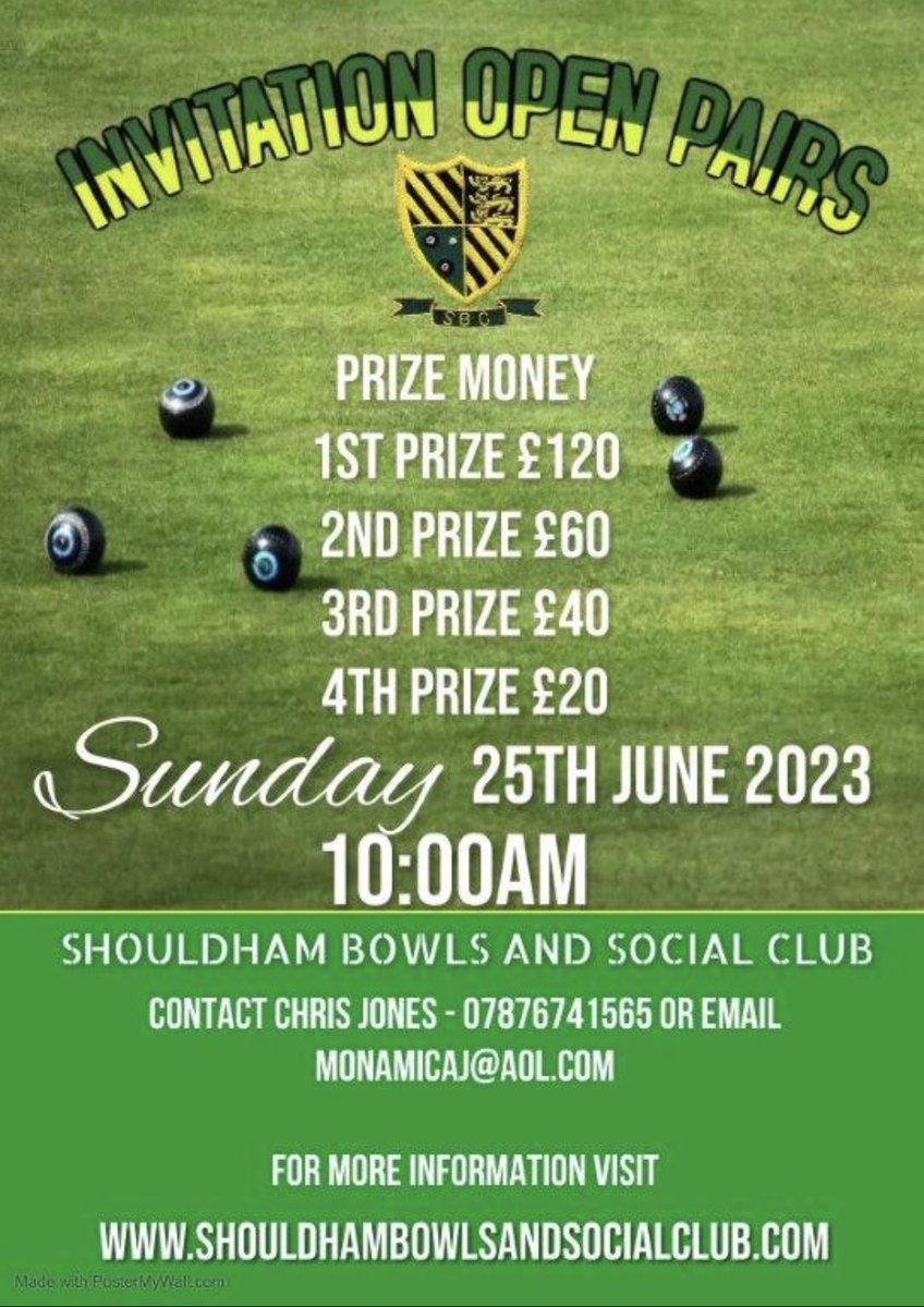 ShouldhamBowls's tweet photo. You are invited to attend Shouldham Bowls and Social Clubs Invitation Pairs Event. 25th June 2023 10am start. Would be great see you there #shouldham #lawnbowls #shouldhambowlsandsocialclub https://t.co/cyVwAmiC7b https://t.co/z6cWhAcEnr