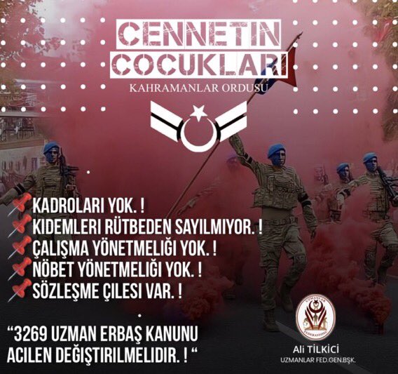 #HerkeseKadroVarUzmÇvşaYokmu Al bayrağa kan veren Uzman Çavuşlara kadro bekliyoruz ailelerimizin geleceği için özlük haklarının iyileştirilmesi mesleki güvence altına alınmasını istiyoruz. <a href="/alitilkici38/">Ali Tilkici 🇹🇷</a>
<a href="/RTErdogan/">Recep Tayyip Erdoğan</a>
<a href="/suleymansoylu/">Süleyman Soylu</a>
<a href="/vedatbilgn/">Vedat Bilgin</a>
<a href="/dbdevletbahceli/">Devlet Bahçeli</a>
<a href="/mustafaelitas/">Mustafa Elitaş</a>