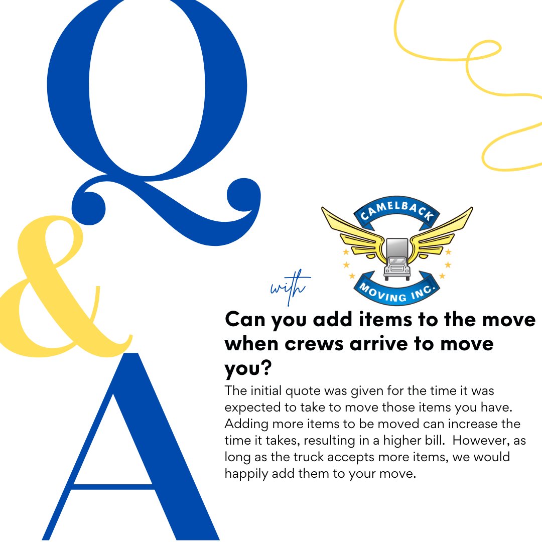 CamelbackMoving's tweet image. Last-minute items added to a move can make you feel as though your move is a bit more hectic. Many people wonder how these items will affect their move; here is how we try to accommodate you. #MovingFAQ #CamelbackMoving