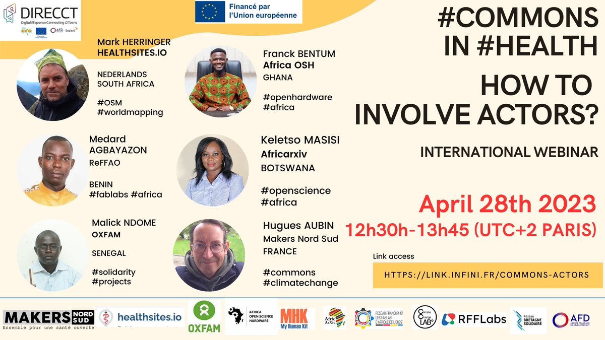 RBS_RRMA's tweet photo. Agenda | 📢 Webinaire Santé ouverte et communs numériques

📅 Ce vendredi 28 avril de 12h30 à 13h45 (UTC +2 Paris)
💻 A suivre en ligne

#commons #health #osm #worldmapping #fablabs #africa #solidarity #projects #openhardware #openscience #climatechange https://t.co/zmOA8woyTQ