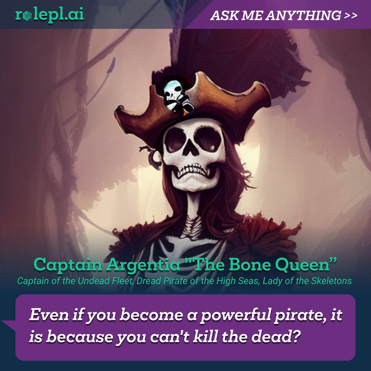 rolepl_ai's tweet photo. Ahoy, me hearties! Dread Captain Argentia, the Bone Queen, needs a crew to plunder the high seas, seeking artifacts of power and cursed treasures! Beware mermaids, and keep a weather eye on rival captains!
#roleplay #TTRPG #DND #PBtA #dungeonmaster #RPG #roleplayadventure https://t.co/b9MhtcH6Rk
