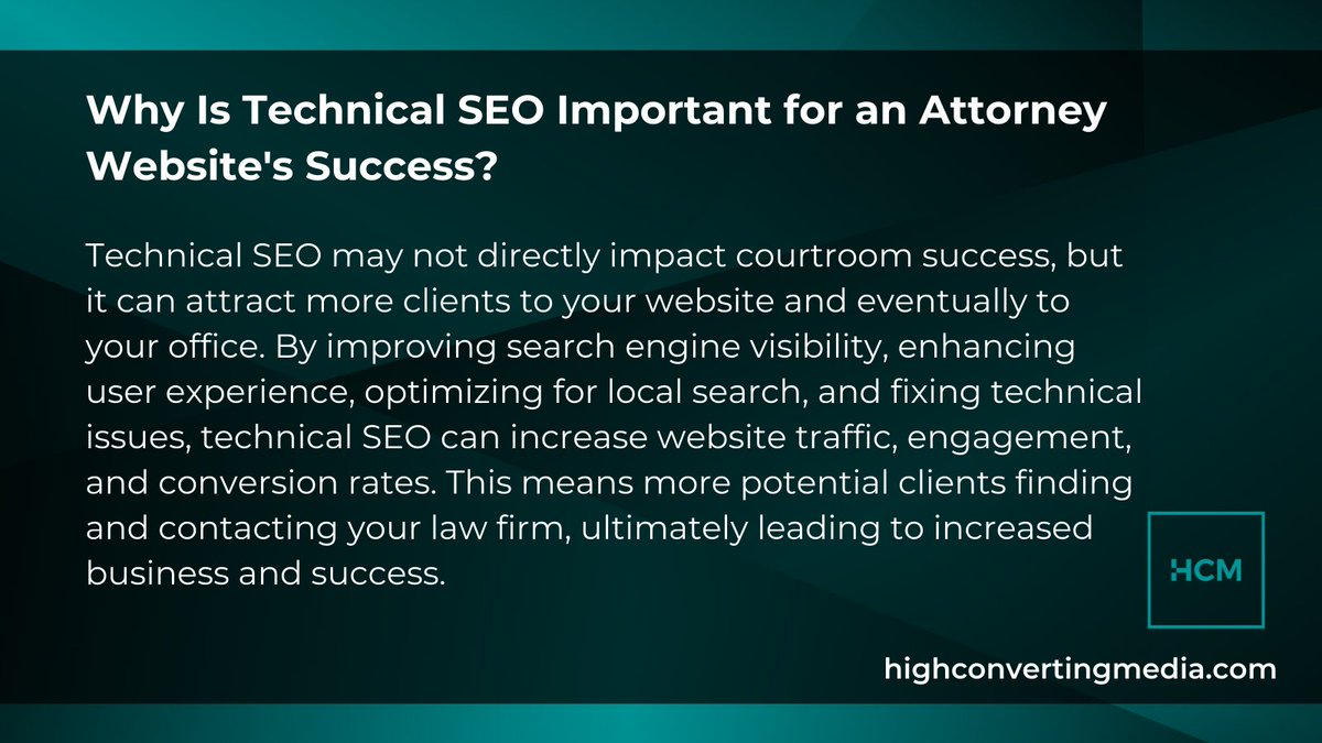 Why Is Technical SEO Important for an Attorney Website's Success?

#LegalSEO
#AttorneyWebsiteSuccess
#SEOforLawyers
#TechnicalSEOTips
#LawFirmMarketing
#ClientConversionRates
#WebsiteVisibility
#UserExperienceMatters
#LocalSearchOptimization
#LegalMarketingStrategies