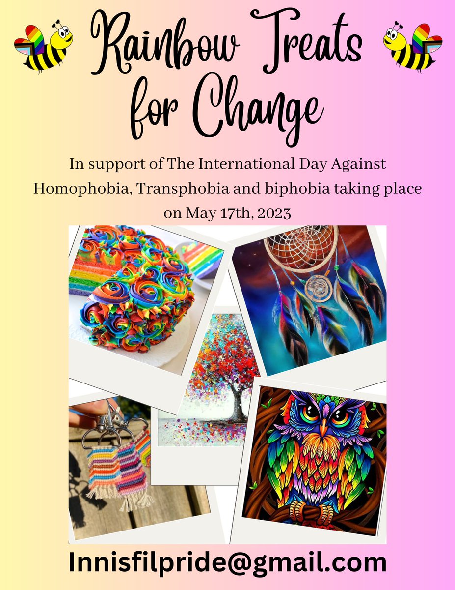 innisfilpride's tweet photo. Hey folks,

As we approach the month of May, we would like to share our (Rainbow Treats for Change) fundraiser.
Contact us via email or social media for information on how your business can participate.

#treatsforchange #Pride #bipoc #innisfilpride #loveyourself #Pride2023 https://t.co/wxxRw4LmQK