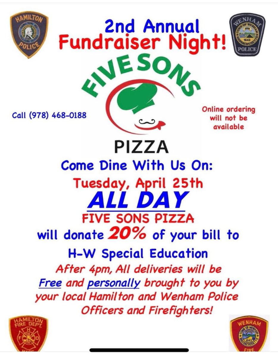 Tonight is the night! HW community, support Autism and your schools by placing an order from Five Sons! 
<a href="/HamiltonMAPD/">HamiltonMAPoliceDept</a> <a href="/wenhampolice/">Wenham Police</a>