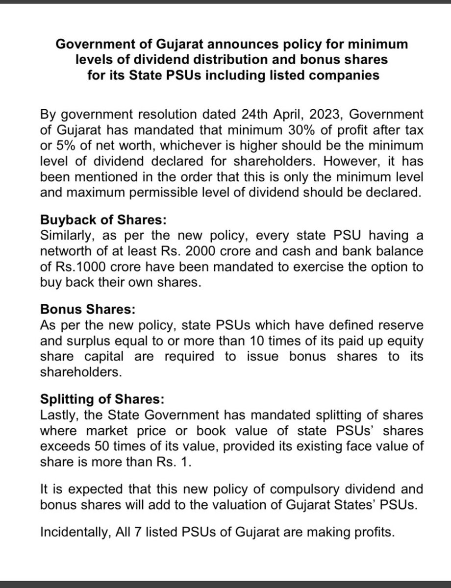 share_buyback's tweet photo. Buyback policy by Government of Gujarat for its state PSUs including listed companies
#buyback #Dividend #gujrat #buybackpolicy #zerodha #nse #bse https://t.co/rQYe76qUPD