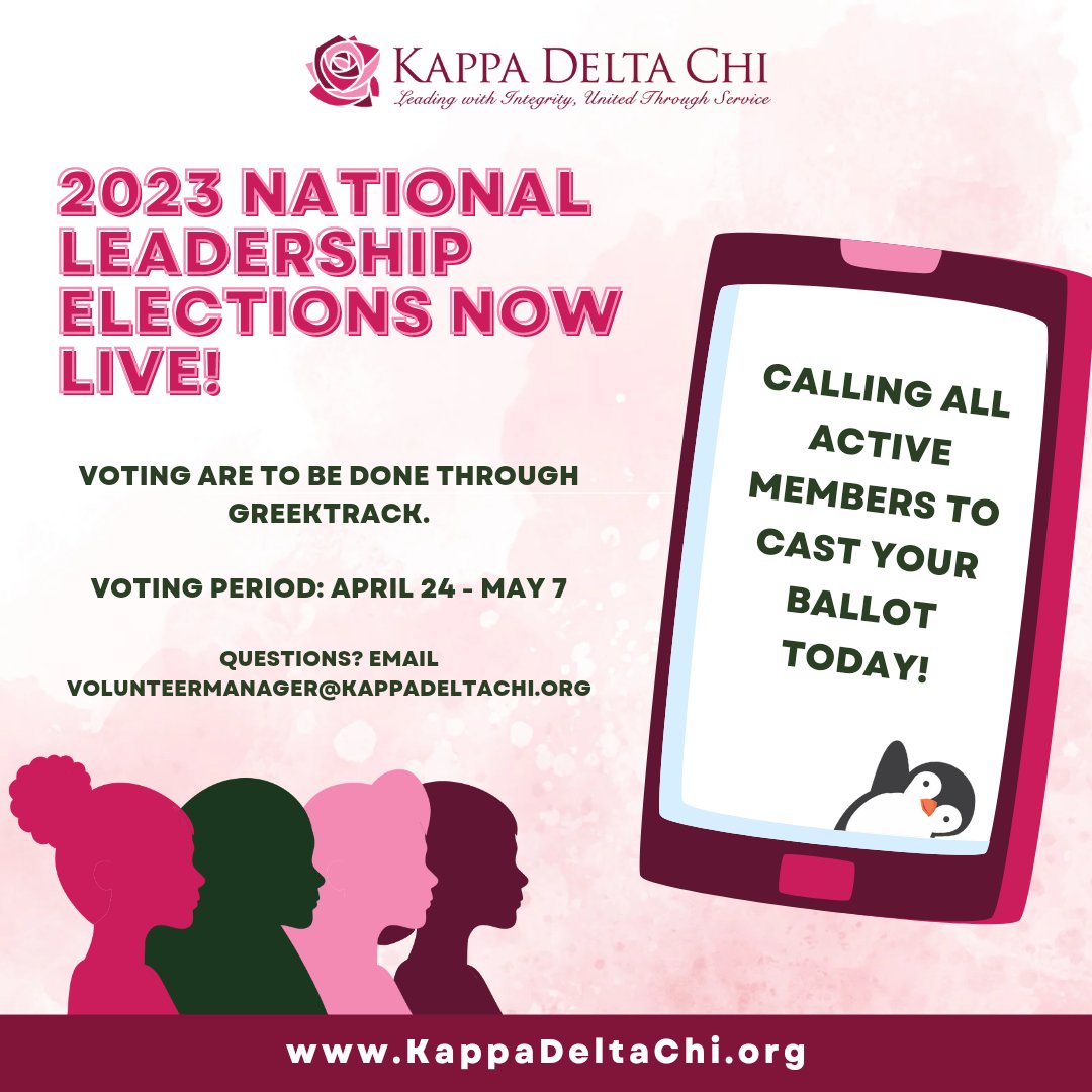 KDChi's tweet image. We are excited to share that our National Leadership Elections are LIVE! We asked our members to review the candidates' applications and cast your ballot through GreekTrack! 
‼ Cast your vote before Sunday, May 7, 2023!
Linktr.ee/kdchi1987 

#kappadeltachi #kdchi #kdchi1987