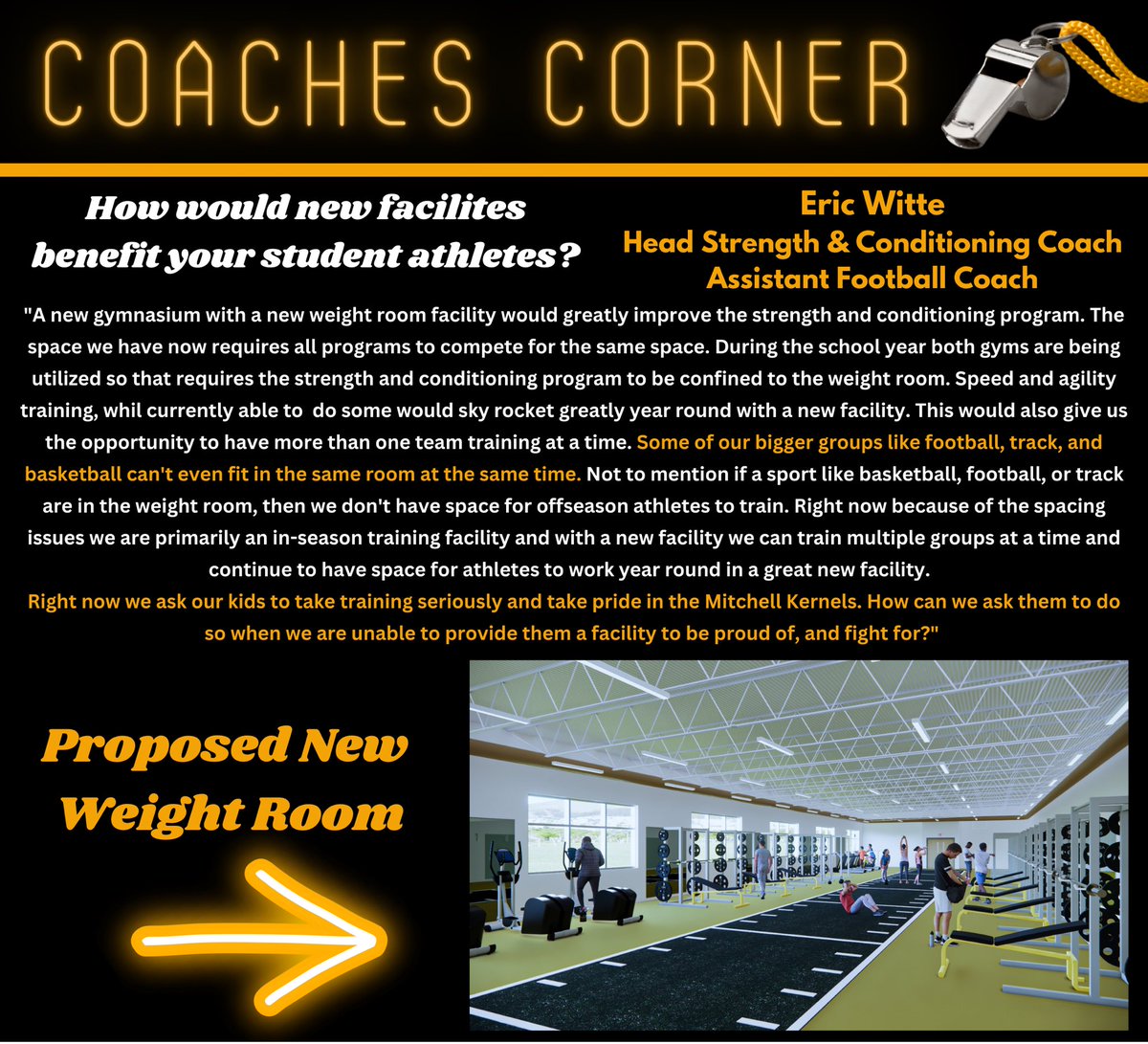 VoteYesMitchell's tweet photo. Coaches Corner with @EWitte68!Strength training as a TEAM is such an important part of building team camaraderie and our kids are missing out on that.  Vote YES! https://t.co/Ekae2f8BAu