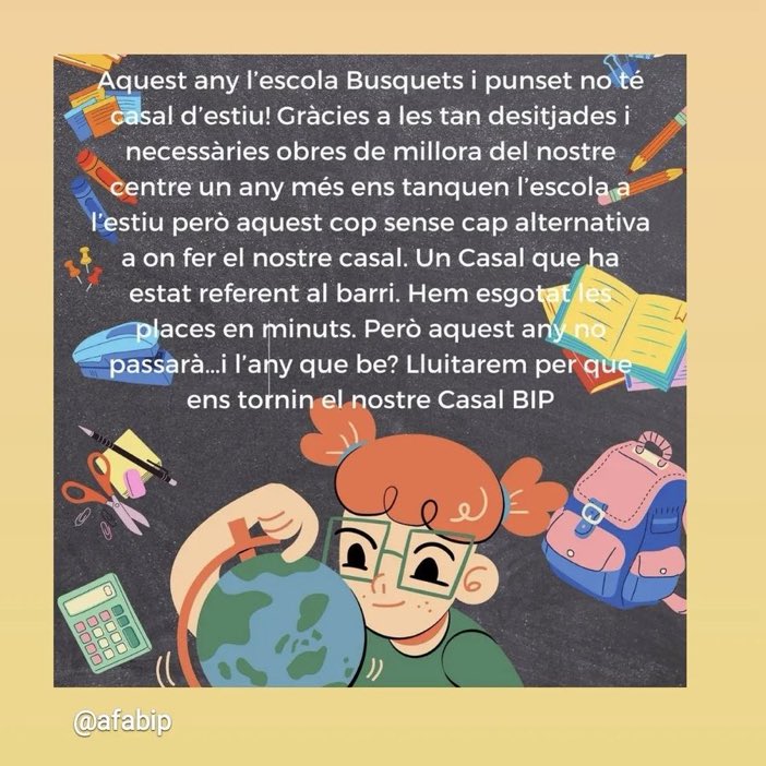 afa_bip's tweet photo. Aquest estiu el Busquets no fa Casal! 
Gràcies a les desitjades obres de millora tornen a tancar l’escola a l’estiu, però aquest cop sense lloc al barri on fer el casal. 
i el proper estiu? Que ens tornin el nostre Casal BIP!
@lhajuntament
@nuriamarinlh
@educaciocat
@lhdigitallh https://t.co/WpIGkNKhiA