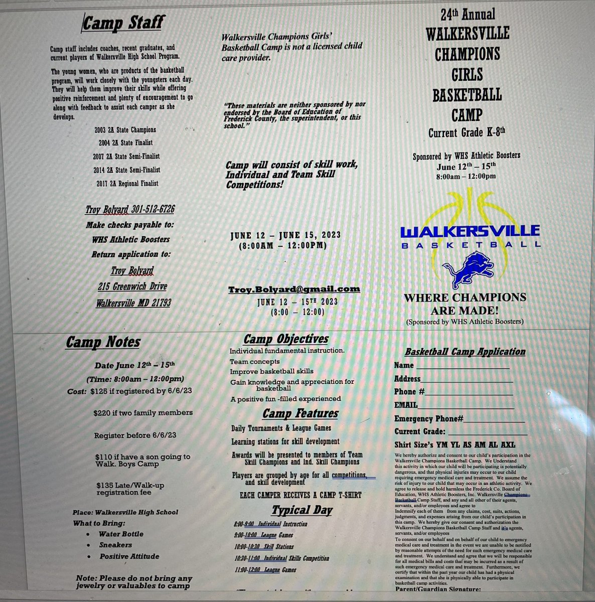 WHS Girls Basketball (@ladylionsball) on Twitter photo Walkersville Girls Basketball Camp June 12th - 15th. 8am - 12pm daily.
<a href="/Whsathletics22/">Walkersville Lions Athletics</a> Walkersville Girls Basketball Camp June 12th - 15th. 8am - 12pm daily.
<a href="/Whsathletics22/">Walkersville Lions Athletics</a>