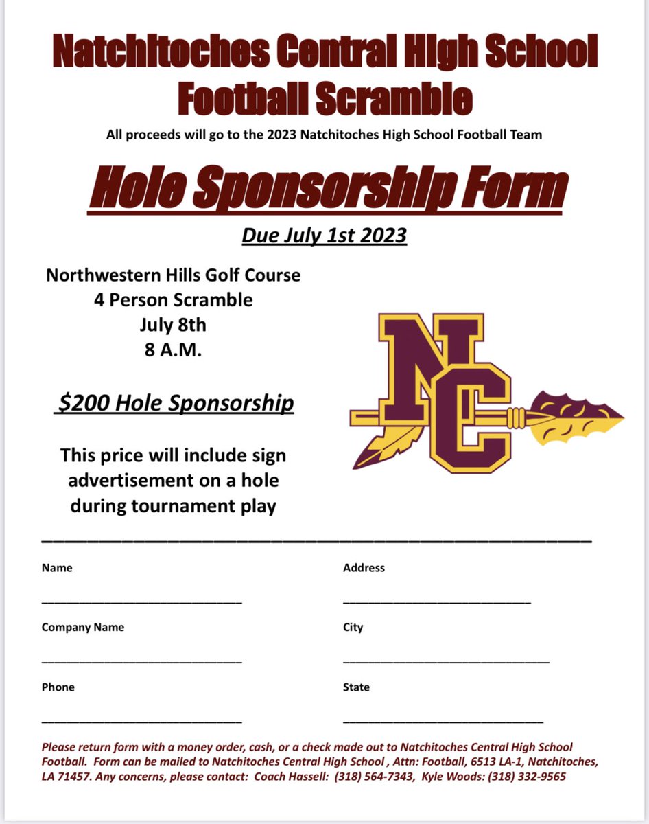 Tyler_Hassell's tweet photo. Natchitoches Central High School Football Fundraiser 

4 man golf scramble 
July 8th @ Northwestern Hills
All proceeds go towards 2023 NCHS football team. 
#yeahchief https://t.co/R95Bx2cEO6