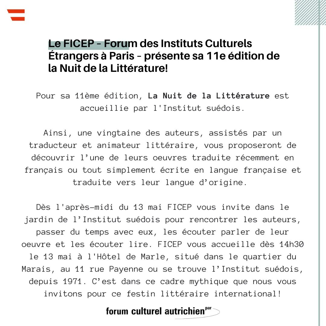 Nuit de la littérature 2023 📚

Samedi 13.05.2023 à l'<a href="/institutsuedois/">Institut suédois</a>

Nous sommes présents avec l'auteur autrichien Xaver Bayer et son roman « La vie avec Marianne », traduit par Éric Faye. 

On vous souhaite des belles lectures ! 📖

#littérature #paris #nuitdelalecture