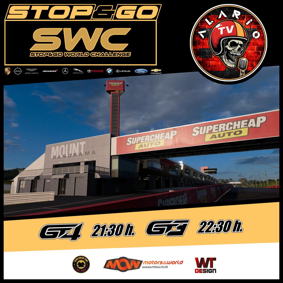 📌 Stop&amp;Go Simulación
📆 Martes 25/04/2023
🏆 3ª Jornada III SWC
💊 <a href="/MotorsWorld/">mow.club</a> | <a href="/black49297/">Alexander Black</a> | <a href="/wearteamdesign/">wear_team_design</a>
🏁 Mount Panorama
⏲️ 21:30h. DOS salas GT4 y GT3
🏎️ 28 Escuderías y 11 Fabricantes
🎙️ <a href="/alario1987/">Alario87 TV</a>
📺twitch.tv/alario87tv

#OnlyForBraves