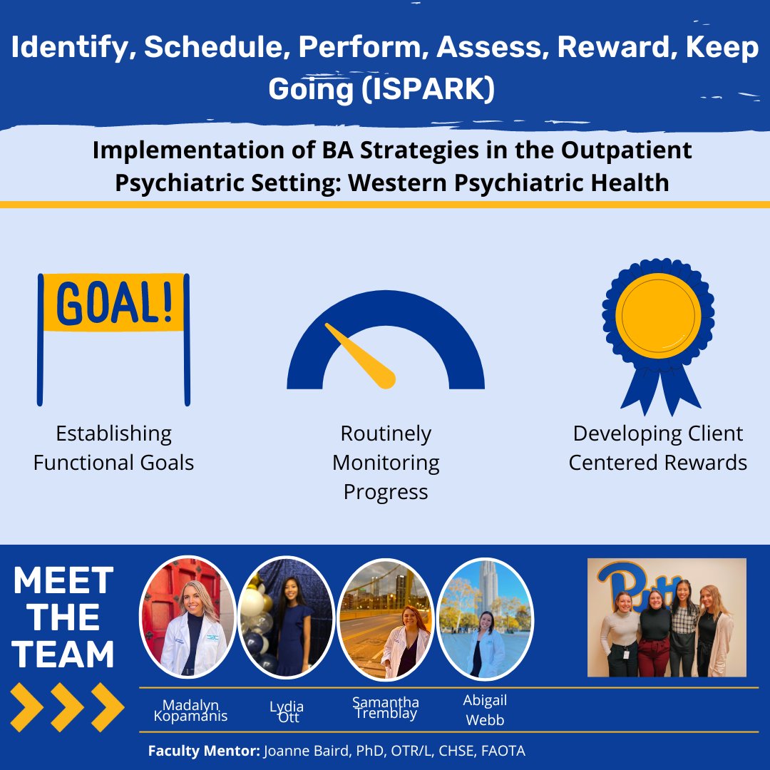 Meet the Capstone Team from the Western Psychiatric Health Outpatient. Kudos to our year 3 students and their faculty mentor!
This group and all OTD Capstone groups will be presenting posters at this afternoon's Pitt OT Spring Colloquium (shrs.pitt.edu/ot/about/pitt-…) #BoldMovesSHRS