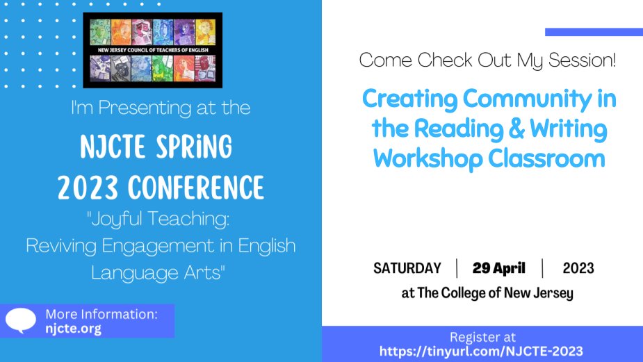 I couldn't be more excited to head back to my alma mater this weekend to attend NJCTE and present on a topic that is near and dear to my heart: community building &amp; relationships.
#NJCTE
<a href="/NJCTENews/">NJCTE</a>