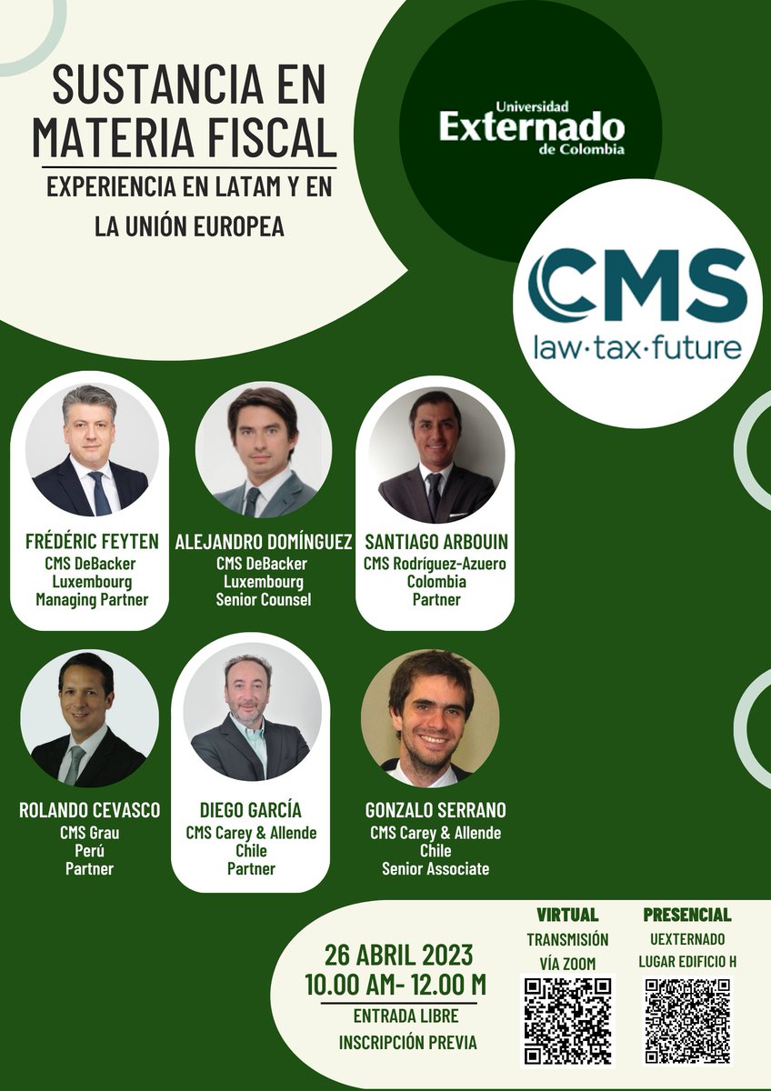 #evento  | El próximo 26 de abril, nuestro Socio <a href="/sanarbouin/">Santiago Arbouin</a> participará en el panel híbrido "Sustancia en materia fiscal: Experiencia en LATAM y en la Unión Europea" organizado por la <a href="/UExternado/">U.Externado</a> 
 
¡Los esperamos!
 
#CMSRodriguezAzuero #Colombia #evento #panel #tributario #tax