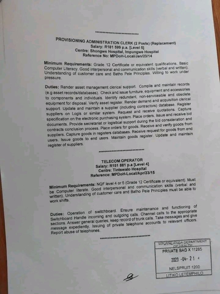 CarolBoitumelo1's tweet photo. We are looking for the following:

Administration Clerk x3
Forensic Pathology Officer Gr 1
Administration Clerk : Information x2
Accounting Clerk : Payment 
Telecom Operator 
Provisioning Administration Clerk x2
Administration Clerk : Patient Administration

Refer to pictures https://t.co/A2G5aLSis6