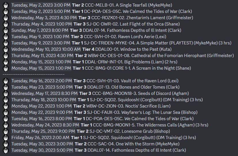 TridenGames's tweet photo. Triden Games May Schedule is out now!!! 
We have over 20 games to sign up for this month. Lots of Tier 1 games you can start off with! If your looking to jump into some awesome 5th edition action come check us out on our website! https://t.co/uikc00gO9V
#adventurersleague https://t.co/GV4y1v95qQ