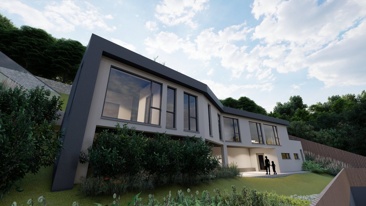 JPHArchitects's tweet photo. Check out our CGI's for this new build that was granted planning permission in 2022. The complex site constraints and topography lead to an interesting building with unique character.  #selfbuild #architecture #NorthWest  #northwales #revit #lumion10 https://t.co/pB2mwO9uFj