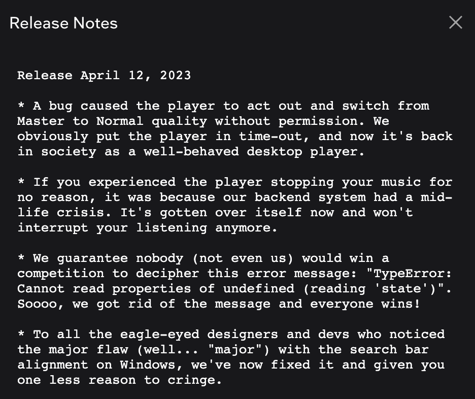 claytonmcdaniel's tweet photo. Best software release notes ever. Well done @TIDAL @TIDALSupport
#audiophiles #onlineaudio #masteraudio
#masteredition #mastermusic https://t.co/dhiW57150o
