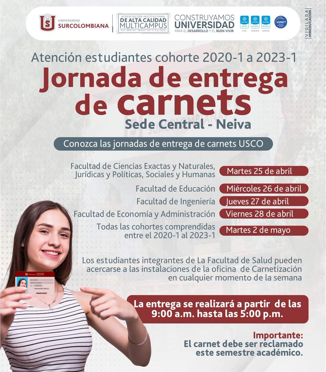 USCOoficial's tweet photo. #AtenciónEstudiante ¿Ya reclamaste tu carnet? Conoce las jornadas de atención según la Facultad de la que haces parte.
#Carnetizacion
#Carnet
#USCO
#EstudianteUSCO https://t.co/HqnVB08BgF
