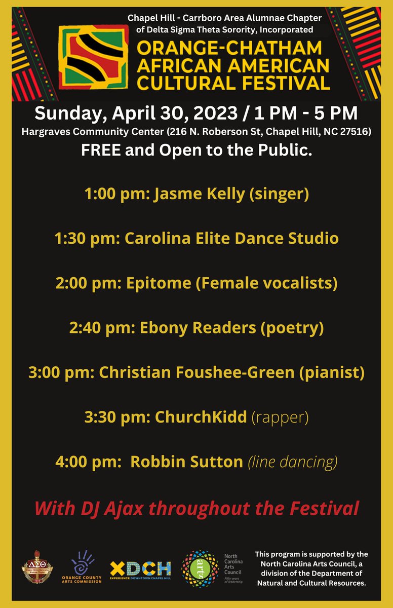 The weather tried it but we’re coming back strong! Join us on Sunday 1p - 5p for the Orange-Chatham African American Cultural Festival! Don’t miss it!