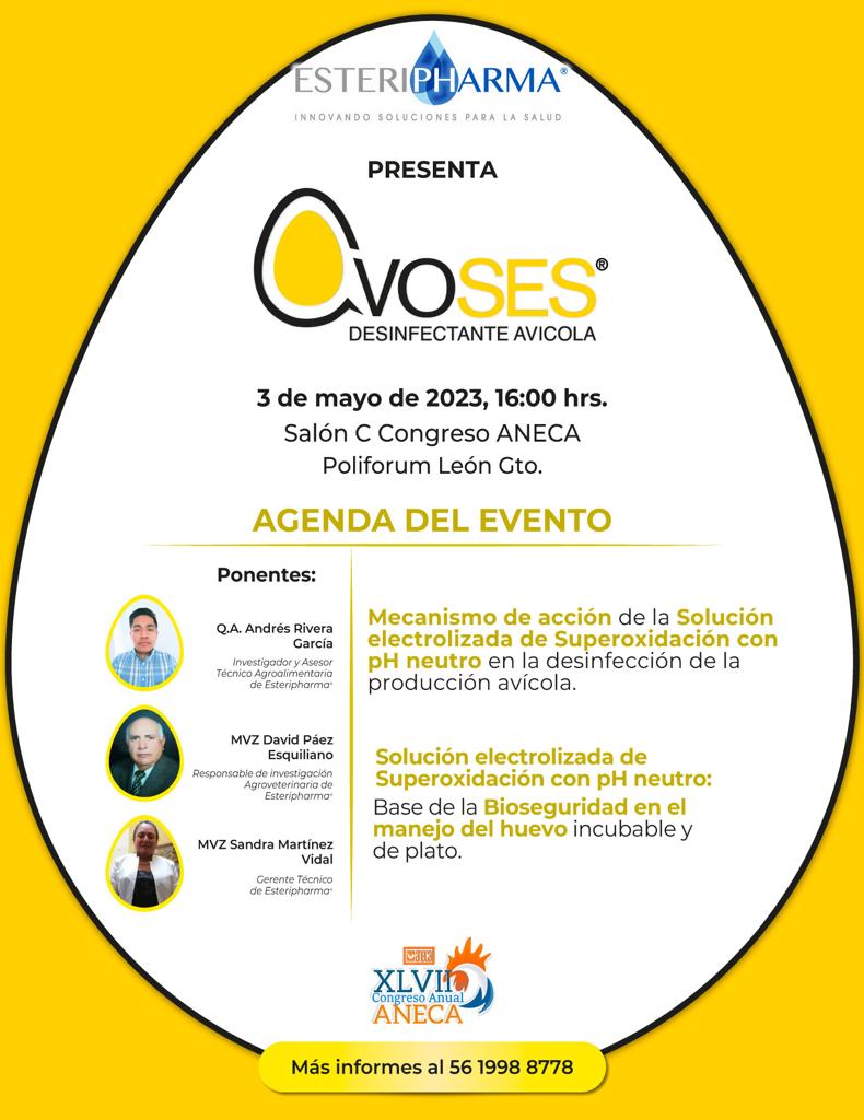 Los invitamos al seminario de Esteripharma el miércoles 3 de mayo a las 16:00 hrs, en el Salón C del Poliforum León, en el marco del XLVII Congreso Anual ANECA 2023.

#Aneca2023 #ANECA #Avicultura #Esteripharma