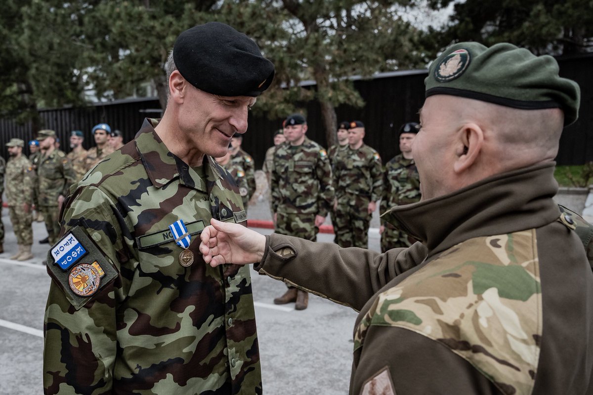 NATO_KFOR's tweet photo. Deputy Commander of the #NATO-led mission #KFOR, BG József Szpisják, presided over the Change of Command ceremony of Headquarters Support Group (HSG) between 🇮🇪 Col. Neil NOLAN and 🇮🇪 Col. Michael MORAN, during a ceremony held at Camp Film City. https://t.co/jQu0HMTAXa