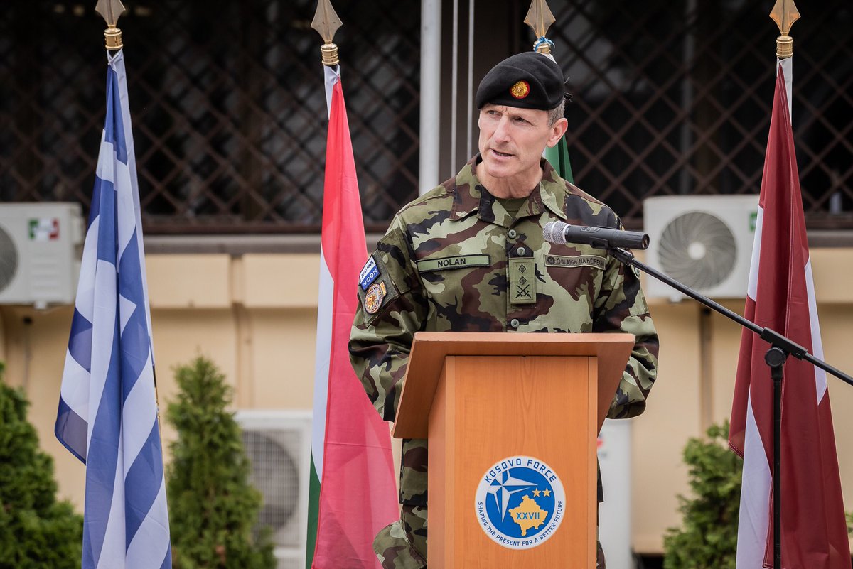 NATO_KFOR's tweet photo. Deputy Commander of the #NATO-led mission #KFOR, BG József Szpisják, presided over the Change of Command ceremony of Headquarters Support Group (HSG) between 🇮🇪 Col. Neil NOLAN and 🇮🇪 Col. Michael MORAN, during a ceremony held at Camp Film City. https://t.co/jQu0HMTAXa